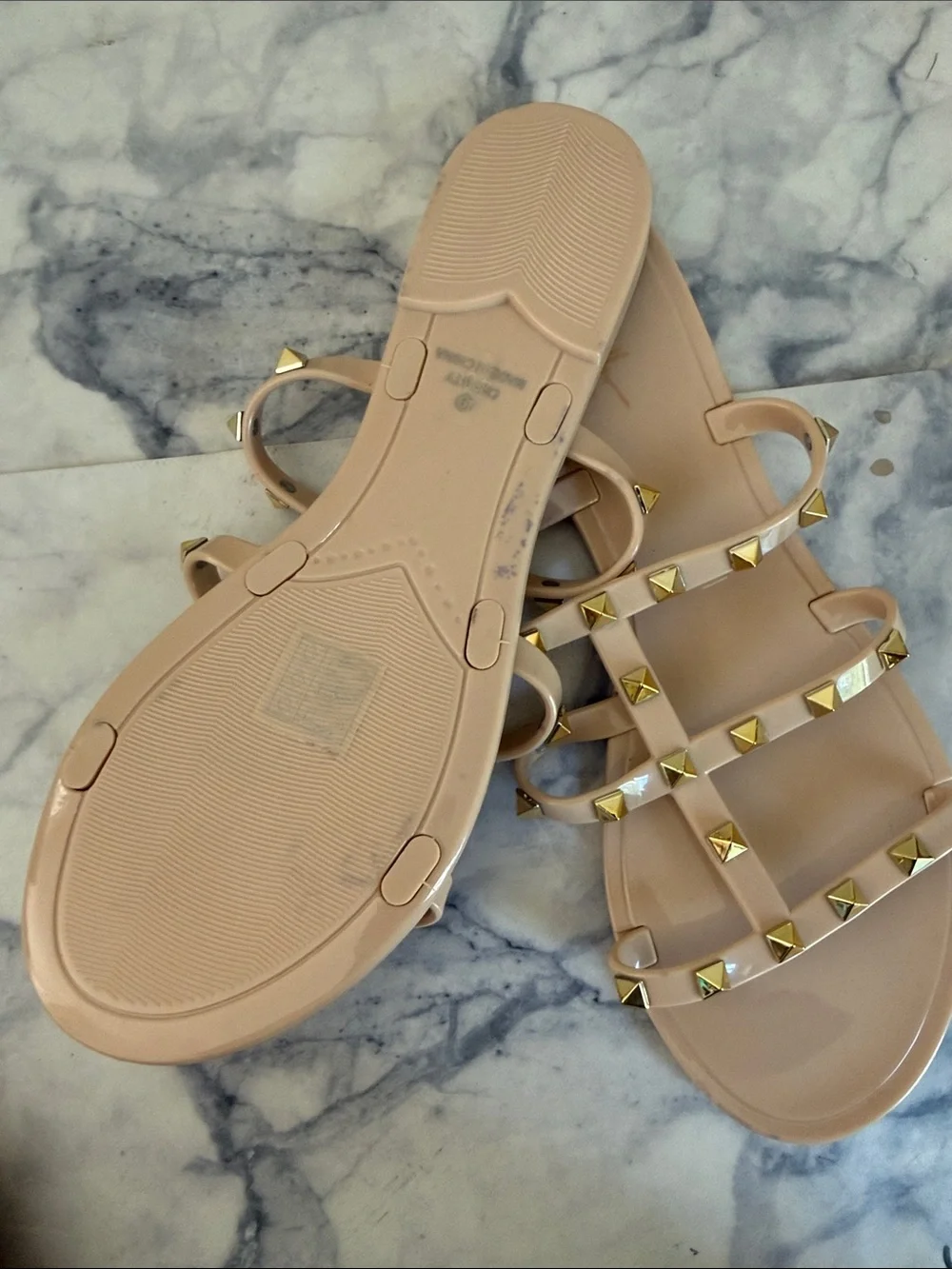 Nicole Miller Nude Patent Studded T-Strap Slide Sandals